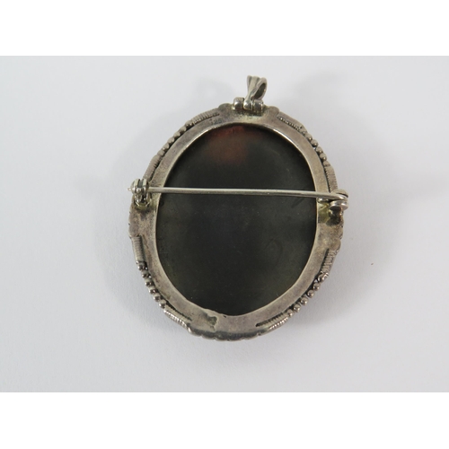 347 - Vintage 925 silver Whitby Jet & Marcasite pendant brooch, 5cm by 3.5cm.