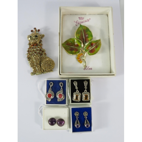 348 - Four pairs of sterling silver gem set earrings and 2 costume jewellery brooches.