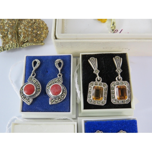 348 - Four pairs of sterling silver gem set earrings and 2 costume jewellery brooches.