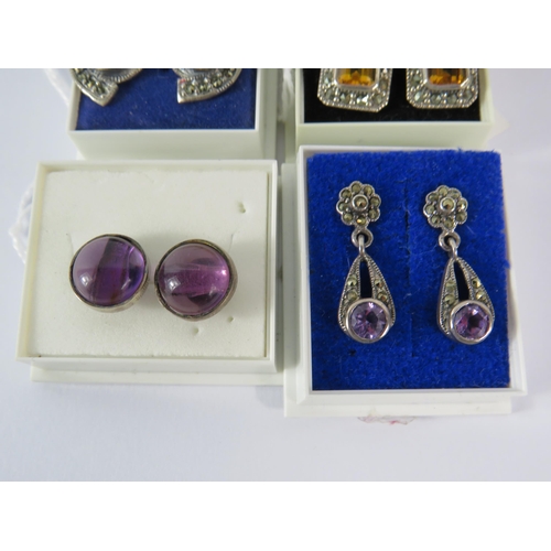 348 - Four pairs of sterling silver gem set earrings and 2 costume jewellery brooches.