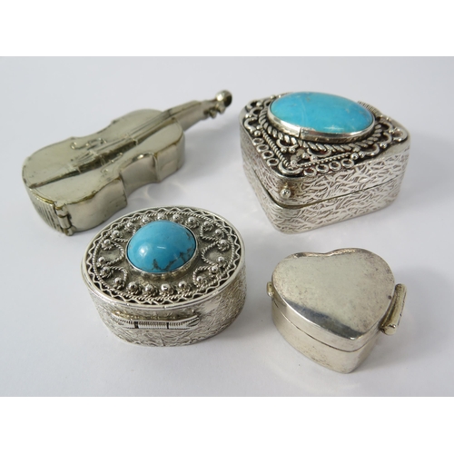 352 - Three 925 silver pill boxes two set with turquoise stones plus a white metal vesta in the form of a ... 