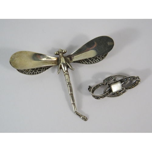 353 - Large sterling silver mexican dragonfly brooch (7.5cm by 6cm) plus one other set with marcasite and ... 