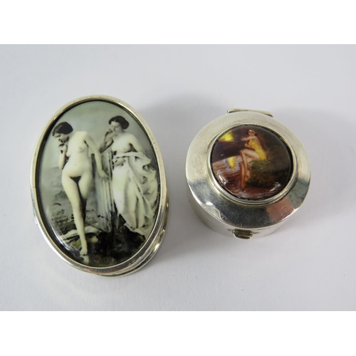 354 - Two sterling silver pill boxes with Risque designs to the top.