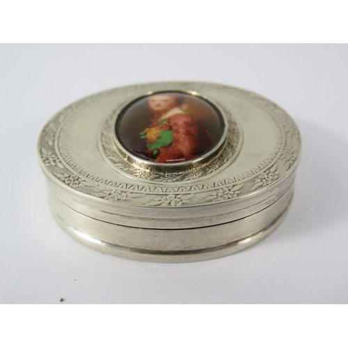 359 - Sterling silver pill box with ceramic cabochon, London 1999, 4cm by 4.5cm.