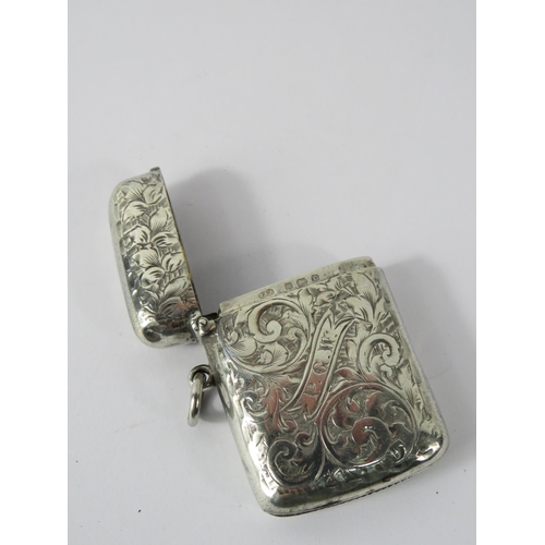 361 - Sterling silver fob vesta case with engraved detail Birmingham 1902.