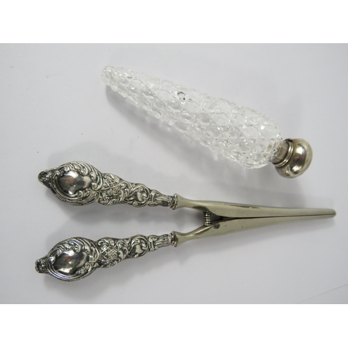 370 - A pair of sterling silver handled glove stretchers Birmingham 1911 & A scent bottle with sterling si... 