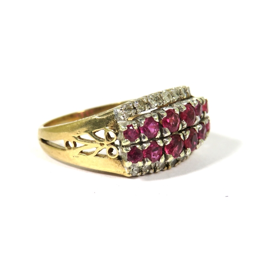 378 - Heavy Yellow Gold Statement Ring set with Two rows of Graduated Rubies with Diamond cluster surround... 