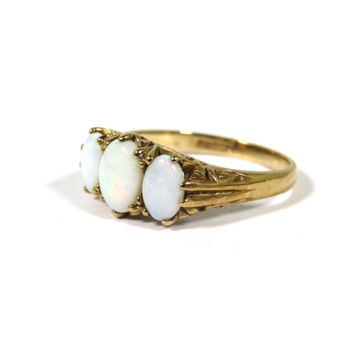 385 - 9ct Yellow Gold Ring set with a Trio of Graduated Opals.  Finger size N-5   2.5g