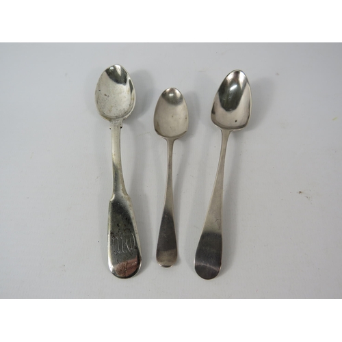 403 - Two Georgian silver teaspoons and one Russian silver teaspoon, total silver weight 54.3 grams.