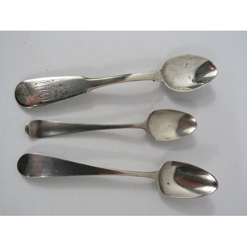 403 - Two Georgian silver teaspoons and one Russian silver teaspoon, total silver weight 54.3 grams.