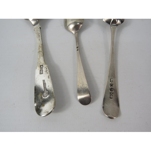 403 - Two Georgian silver teaspoons and one Russian silver teaspoon, total silver weight 54.3 grams.