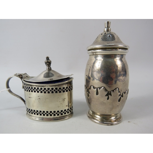 406 - Birmingham 1919 Sterling silver Mustard pot with blue glass liner plus a Sterling silver Ponce Birmi... 