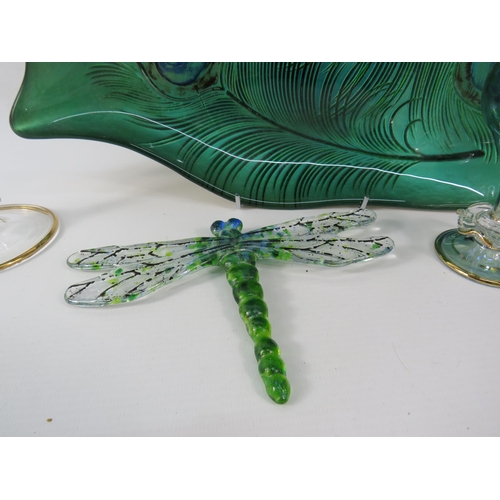 466 - Mixed art glass to include a peacock feather bowl, scent bottles, dragonfly etc.