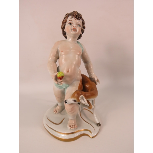 469 - Large antique Dresden porcelain cherub figurine with a Deer, 9