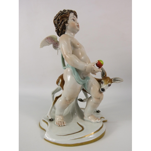 469 - Large antique Dresden porcelain cherub figurine with a Deer, 9