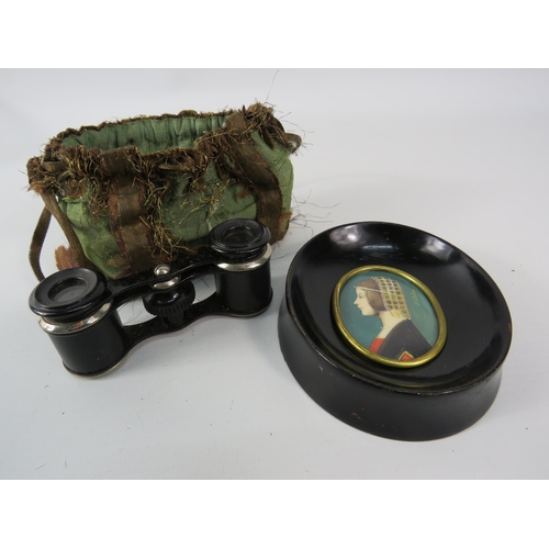 486 - Handpainted minitaure portrait and a pair of vintage French opera binoculars.