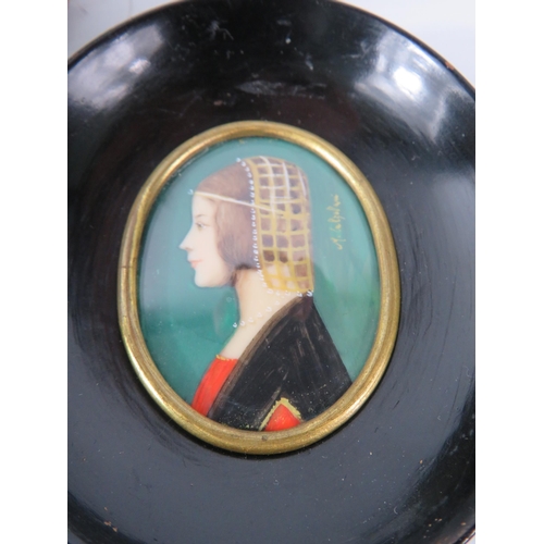 486 - Handpainted minitaure portrait and a pair of vintage French opera binoculars.