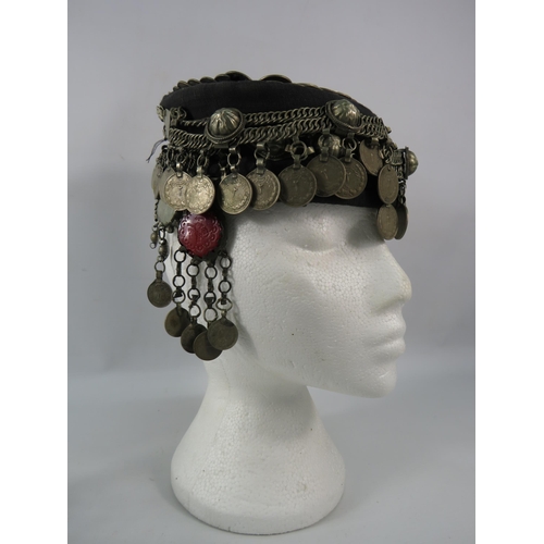 498 - Vintage Yemeni Headdress covered with coins and stones etc.