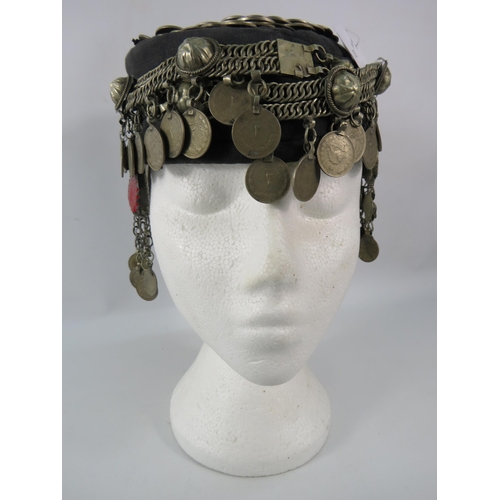 498 - Vintage Yemeni Headdress covered with coins and stones etc.