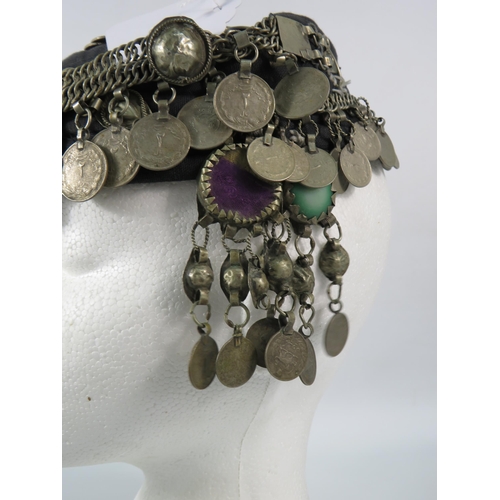 498 - Vintage Yemeni Headdress covered with coins and stones etc.