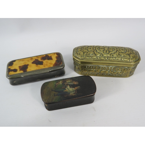 499 - Two vintage snuff boxes and a brass tobbaco box.