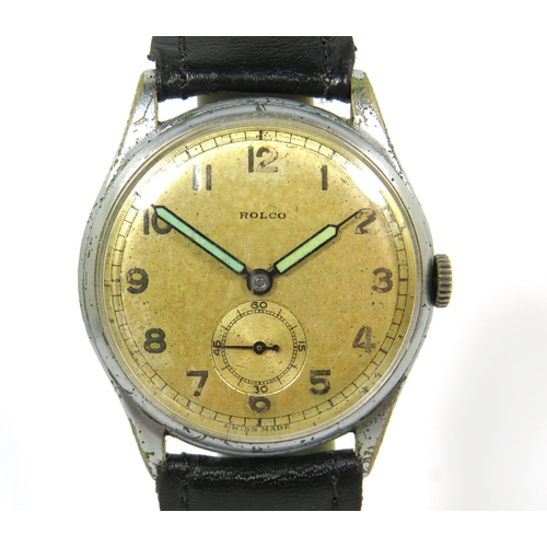 501 - Vintage Rolco 15 Jewel Swiss watch with leather strap, Stainless Steel body . Appears to be in runni... 