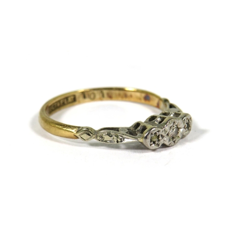 504 - 18ct Yellow Gold Ring set with three illusion set tiny Diamonds mounted on Platinum. Finger size 'K'... 