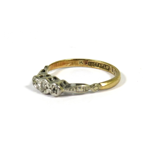 504 - 18ct Yellow Gold Ring set with three illusion set tiny Diamonds mounted on Platinum. Finger size 'K'... 