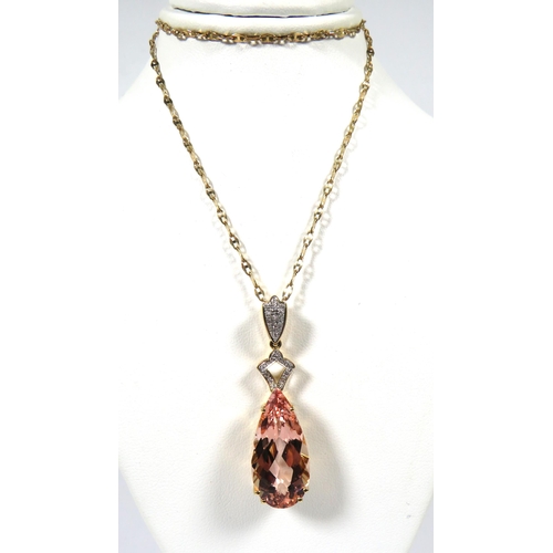 509 - stunning large 45mm long Peach Morganite set pendant in an 18ct Yellow Gold Mount encrusted with Dia... 