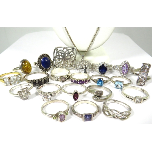 520 - Great Selection of 925 Stone set Silver rings along with a weave Silver Brooch and two pendants on S... 