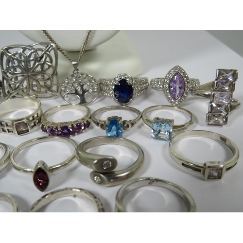 520 - Great Selection of 925 Stone set Silver rings along with a weave Silver Brooch and two pendants on S... 