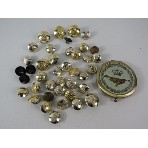 524 - Selection of Military buttons from various Regiments and a compact mirror.