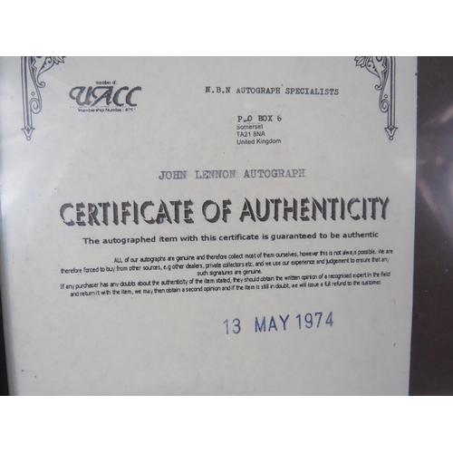 532 - John Lennon Autograph framed with certificate from N.B.N Augtograph specialists.