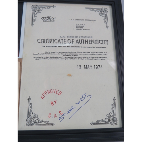 533 - Jimi Hendrix Autograph obtained on the 17th november 1967 at Sheffield city hall framed with certifi... 