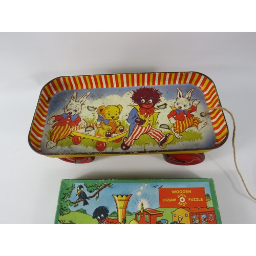 559 - Vintage Robertson jam/ Golden Shred tin pull along tray and jigsaw.