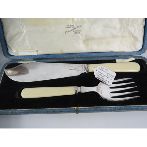 560 - Walker and Hall Fruit cutlery set plus a fish servers knife and fork by Charles James Allen.