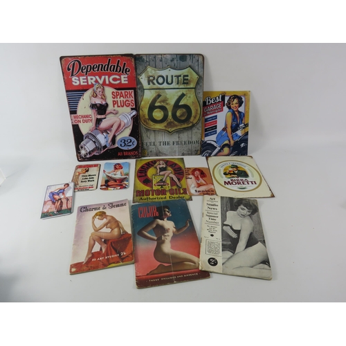 567 - Three vintage erotic magazines and a selection of reproduction metal signs.