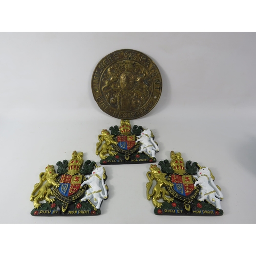 568 - THIS LOT HAS NOW BEEN WITHDRAWN BY THE VENDOR.
3 Royal Coat of arms plaques and a brass Milners Pate... 