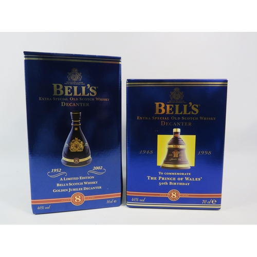 596 - Two Bells whiskey full decanters, Royal commemortive Golden Jubilee and Prince of Wales 50th birthda... 