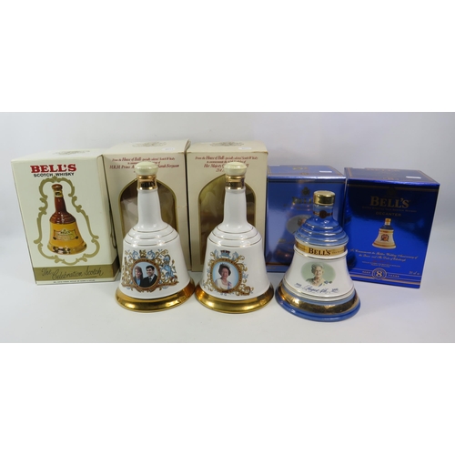 597 - Three Full Royalty commeorative decanter with boxes plus Two that are empty.