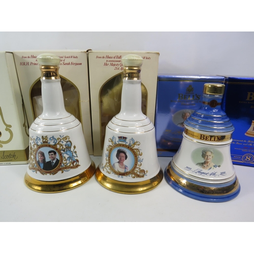 597 - Three Full Royalty commeorative decanter with boxes plus Two that are empty.