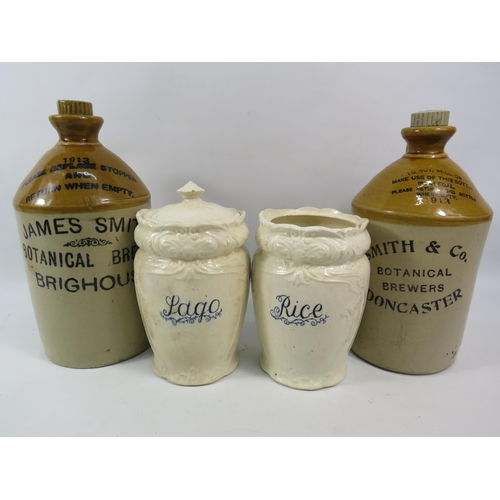 725 - Two local interest stoneware Jug Flagons plus two antique storage jars.