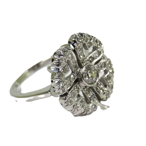 501A - 1920's Era Art Deco Style Ring with Multiple Diamonds set in a four leaf Clover pattern and set on a... 