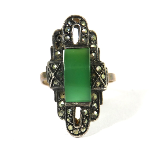 508A - Art Deco Style Emerald Set Marcasite Ring set in a Silver mount with 9ct Yellow Gold Shank.  Finger ... 