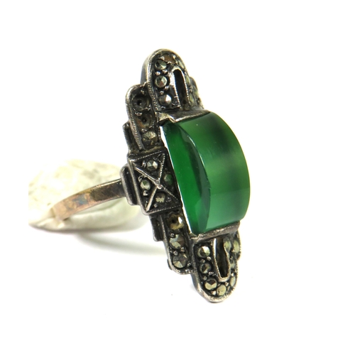 508A - Art Deco Style Emerald Set Marcasite Ring set in a Silver mount with 9ct Yellow Gold Shank.  Finger ... 