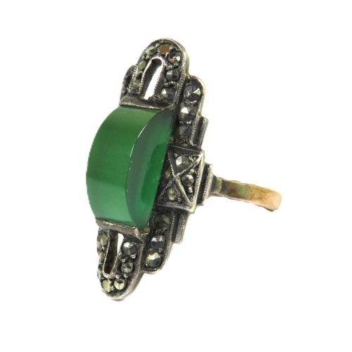 508A - Art Deco Style Emerald Set Marcasite Ring set in a Silver mount with 9ct Yellow Gold Shank.  Finger ... 