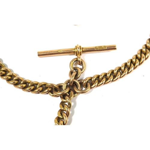 509A - Lovely 9ct Yellow Gold Watch chain with twin fasteners, Tee Bar & Masonic Fob. Each link Hallmarked.... 