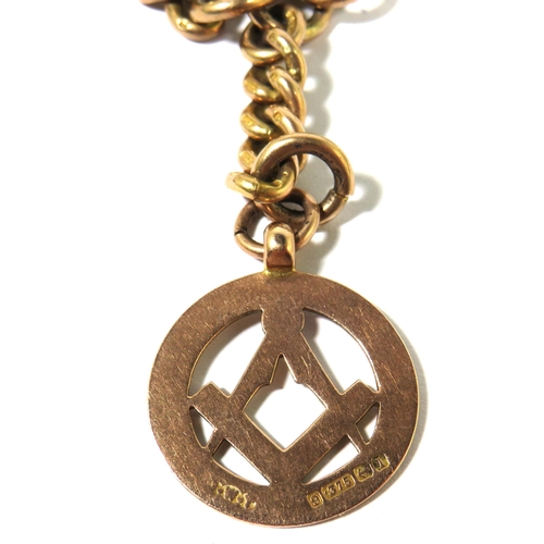 509A - Lovely 9ct Yellow Gold Watch chain with twin fasteners, Tee Bar & Masonic Fob. Each link Hallmarked.... 