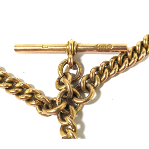 509A - Lovely 9ct Yellow Gold Watch chain with twin fasteners, Tee Bar & Masonic Fob. Each link Hallmarked.... 