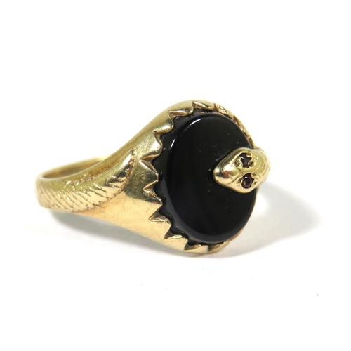 528A - 9ct Yellow Gold Ring set with a circular Black Onyx Stone which has a snake entwined on the shank an... 